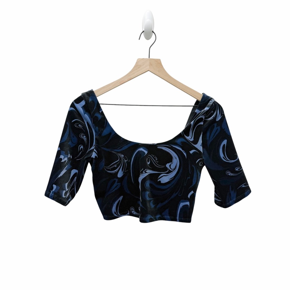 Athleta Womens Blue Black Velvet Marble Swirl Scoop Neck Crop Top Size S